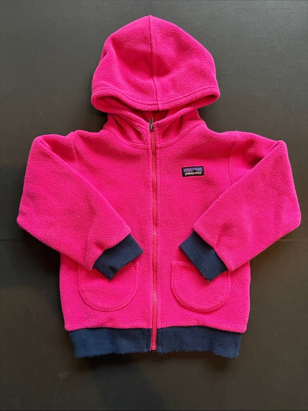 Patagonia Kids Bright Pink Hooded Fleece with Navy Trim